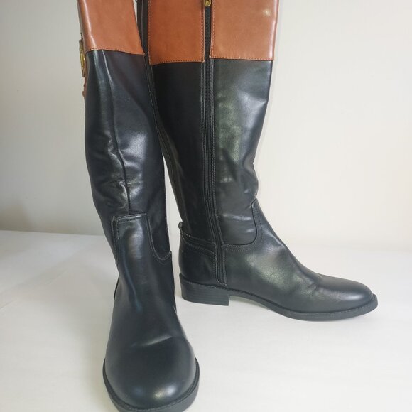 Tommy Hilfiger blk/brown faux leather almond toe knee high riding boot. - Picture 2 of 7